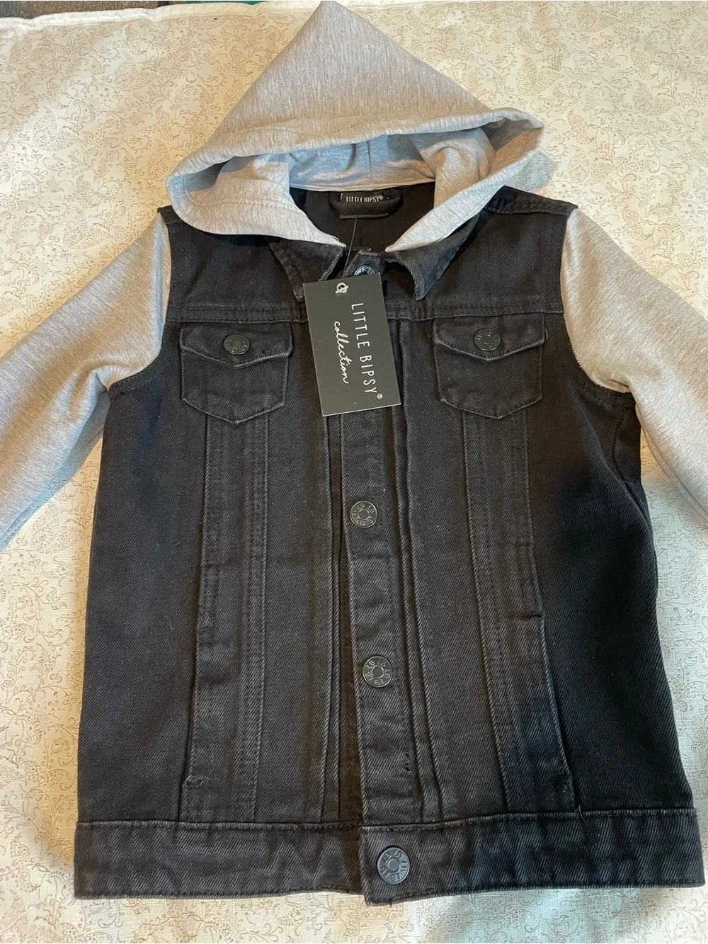 NEW Little Bipsy Kids Hooded Black Denim Jacket With Gray Sleeves Snaps Sz 2T-3T